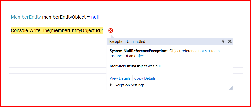 Picture showing the error message when initializing the class without using the null object design pattern